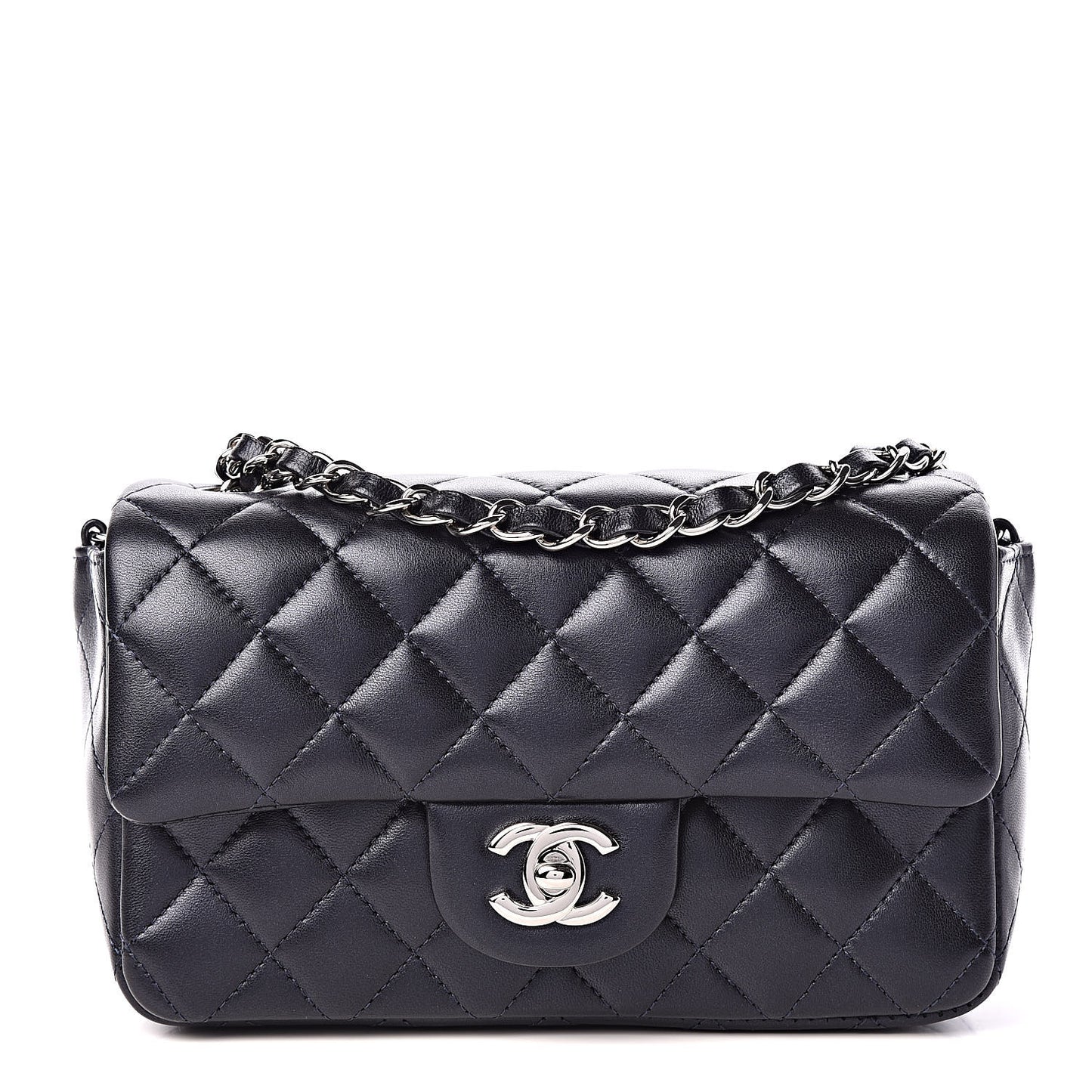 Metallic Lambskin Quilted Mini Rectangular Flap Navy