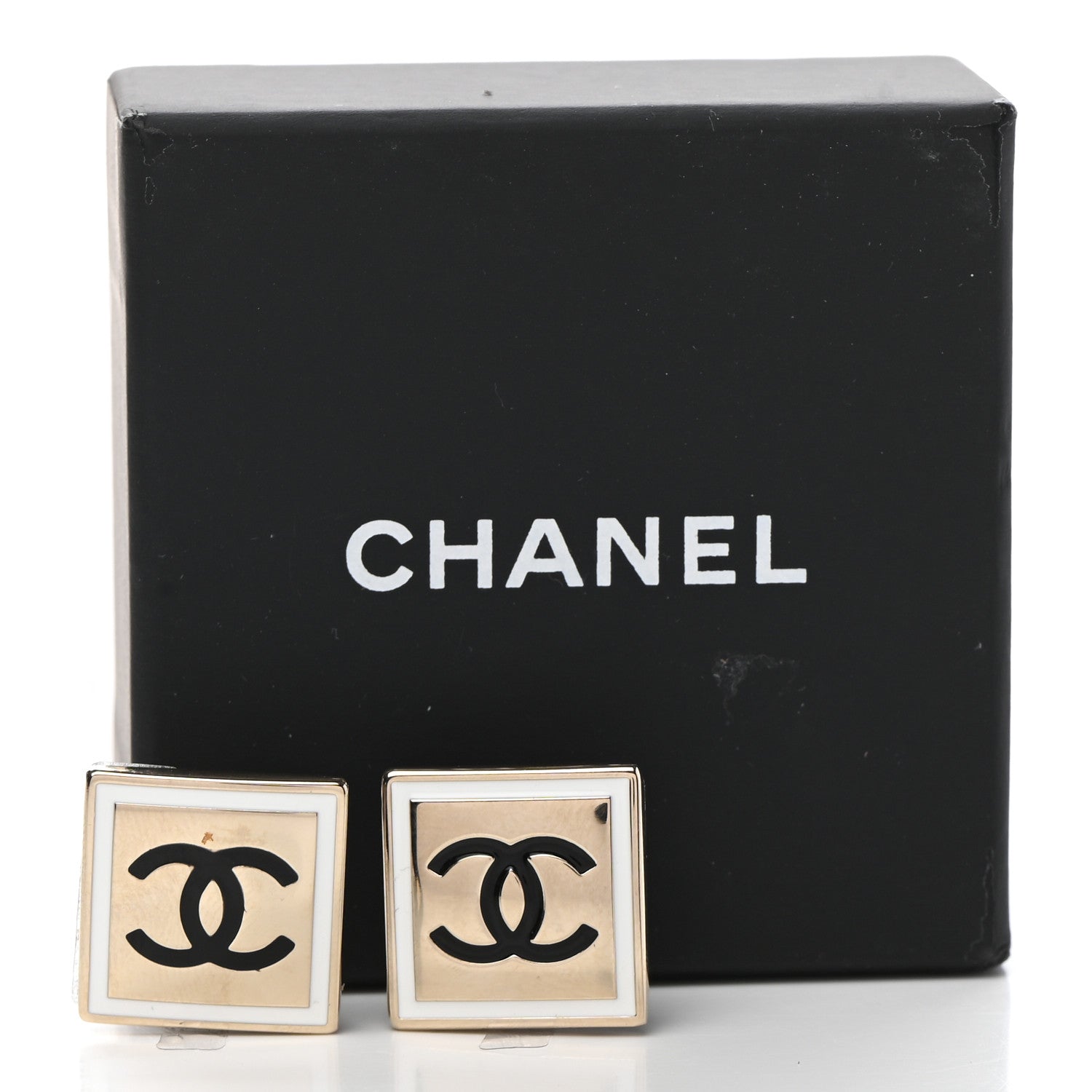 Chanel Metal Enamel CC Square Earrings Gold Black White 5 of 5