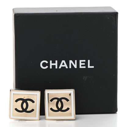 Chanel Metal Enamel CC Square Earrings Gold Black White 5 of 5