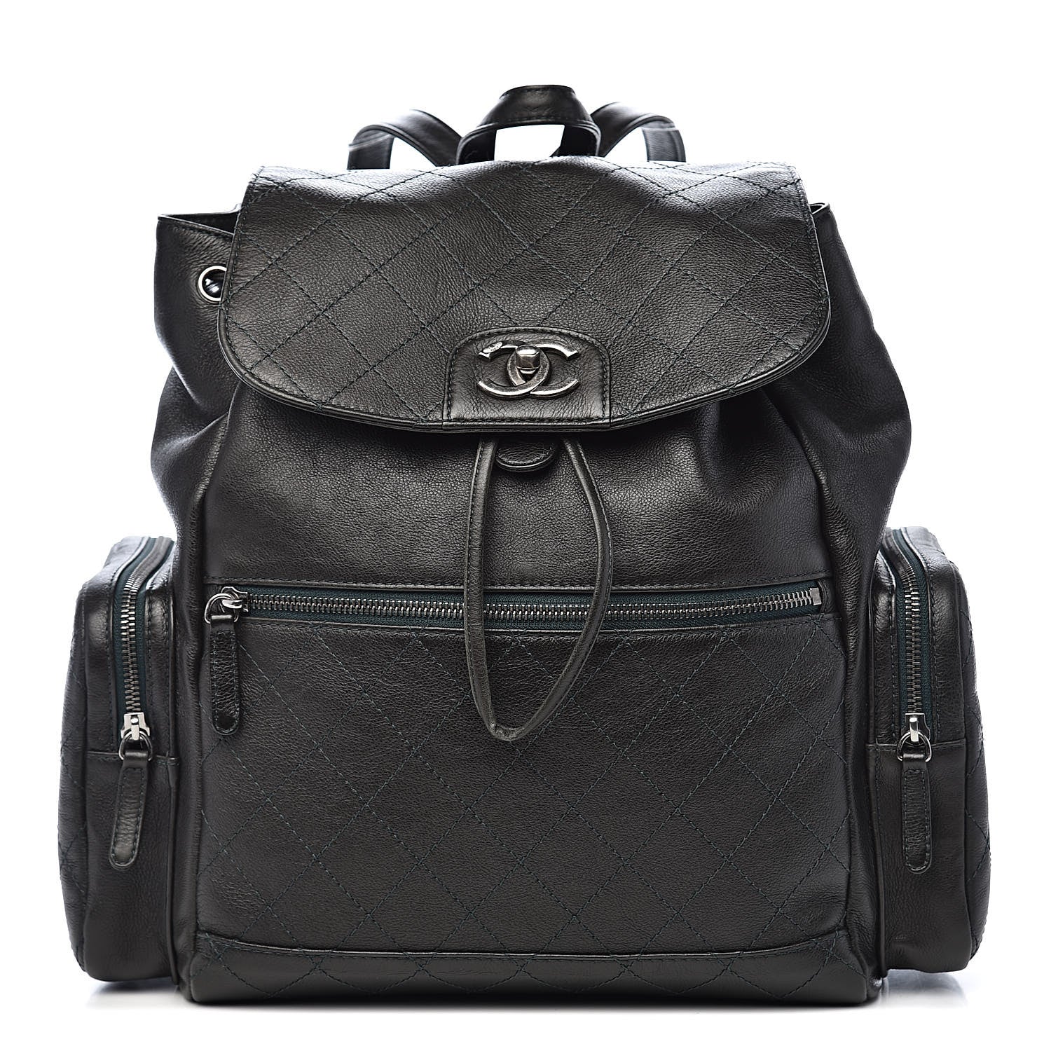 Chanel Grained Calfskin Stitched Pocket Backpack Dark Green 1 of 11