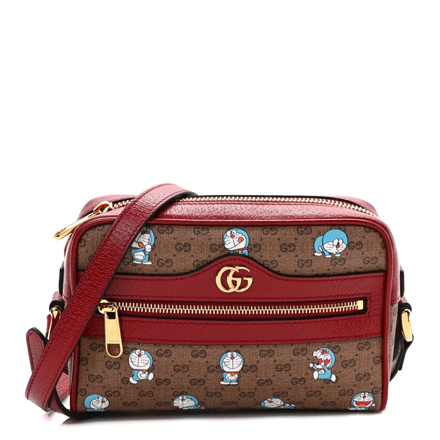 X DORAEMON Mini Vintage GG Supreme Monogram Camera Bag Beige Cherry Red