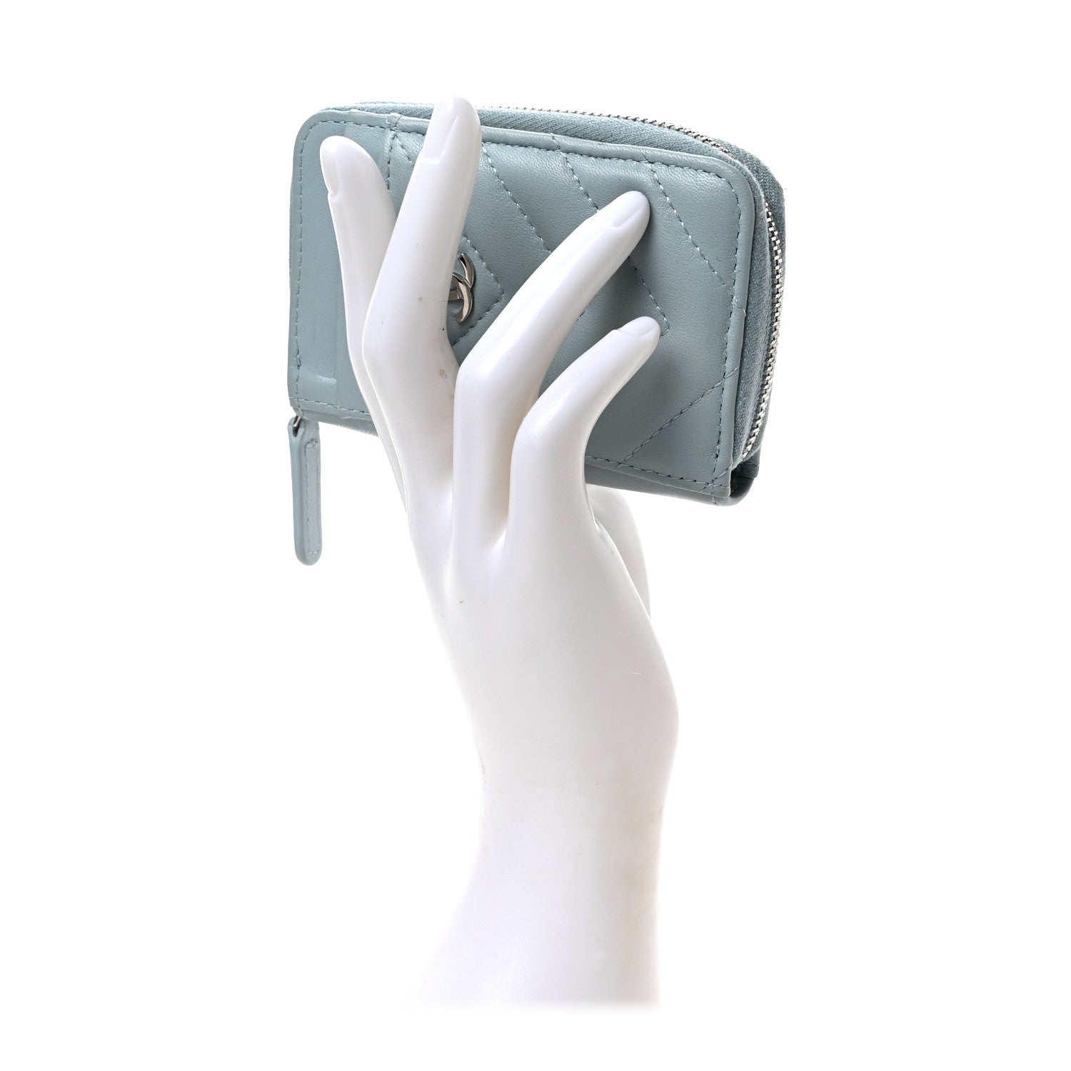 Chanel Lambskin Chevron Quilted Zip Card Holder Light Blue 2 of 6