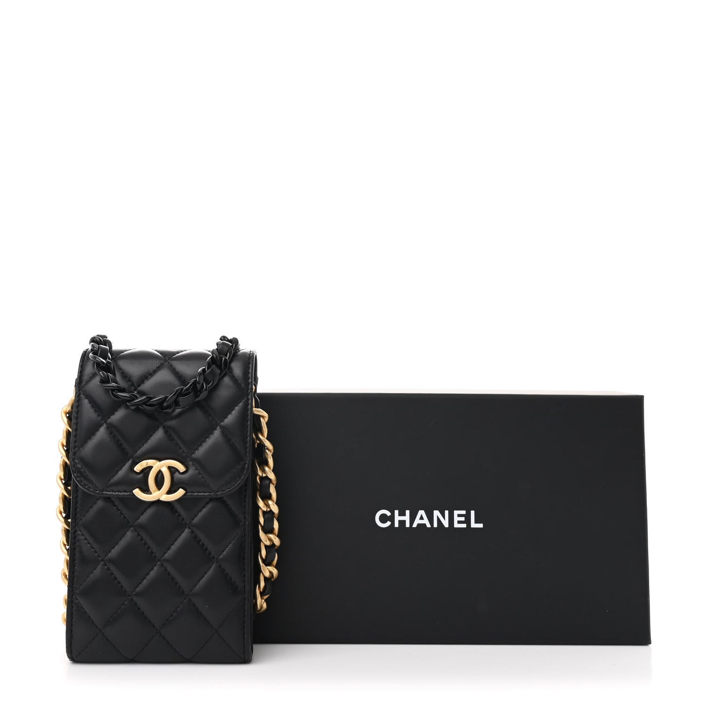 Lambskin Quilted Lacquered Chain Phone Holder With Chain Black