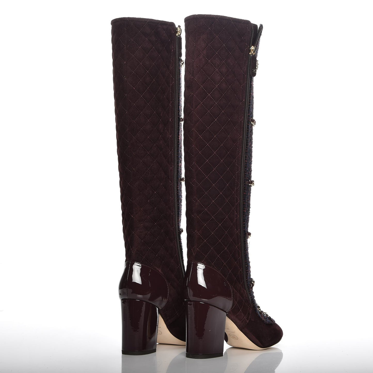 Suede Tweed Patent Quilted Zip Knee High Boots 39.5 Black Navy Burgundy