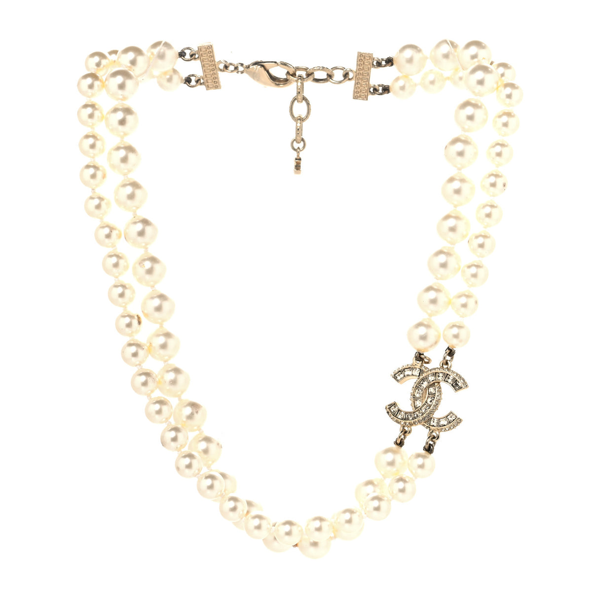 Chanel Baguette Crystal Pearl CC Double Strand Necklace Gold 3 of 6
