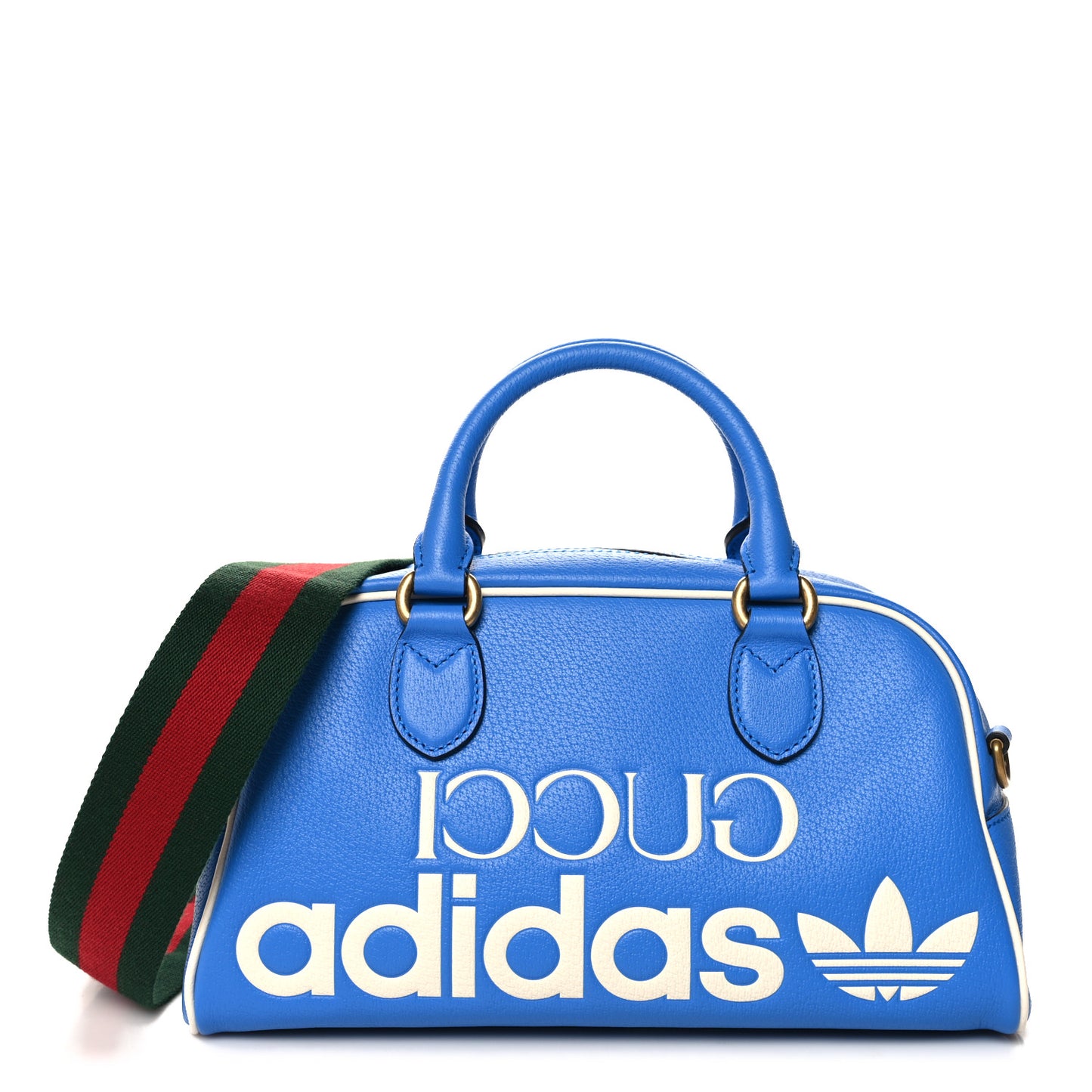 X ADIDAS Textured Dollar Calfskin Web Trefoil Logo Embossed Mini Bowling Bag Blue