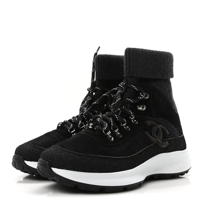 Chanel Suede Calfskin Knit CC Sneakers 40 Black Dark Gray 4 of 9