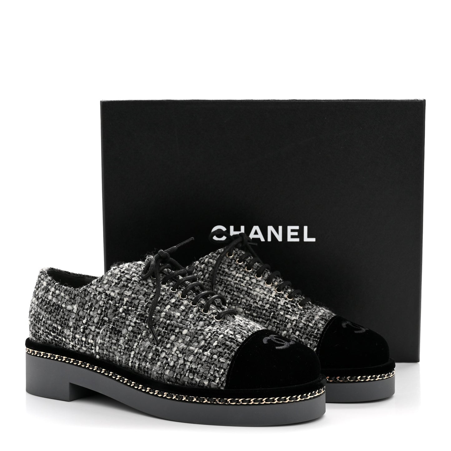 Tweed Suede CC Lace Up Oxfords 38.5 Grey Black