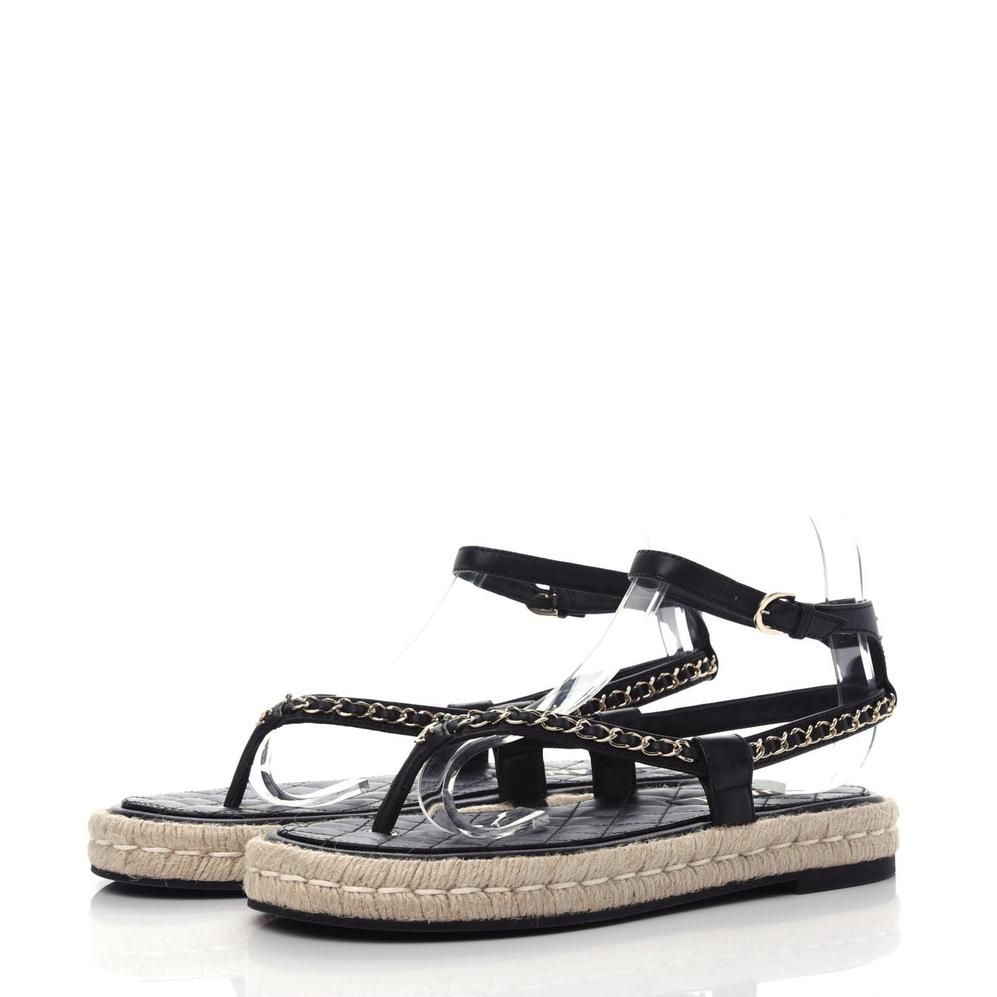Lambskin Chain CC Thong Espadrille Sandals 40 Black