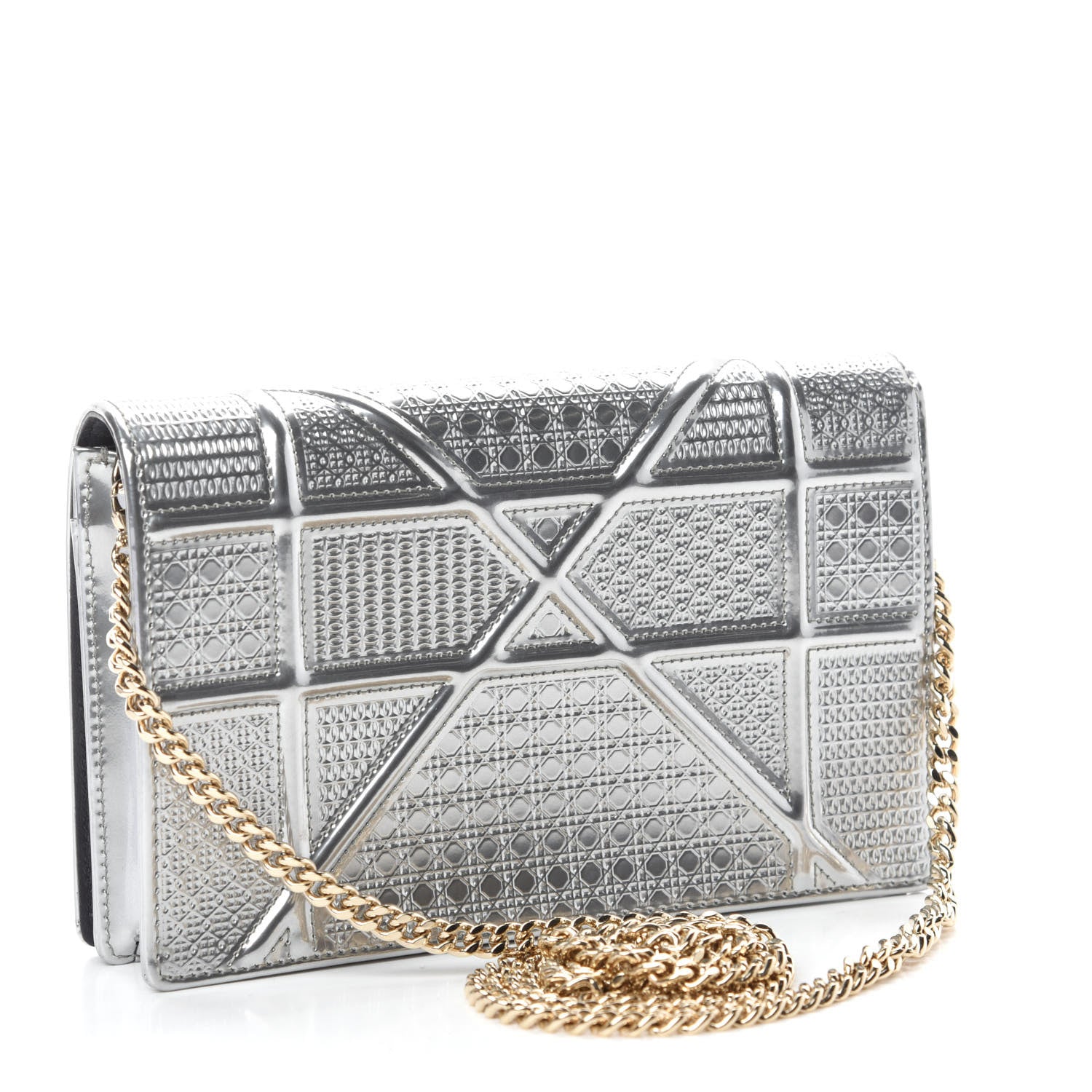 Christian Dior Metallic Patent Micro-Cannage Diorama Wallet on Chain Pouch Silver 3 of 10