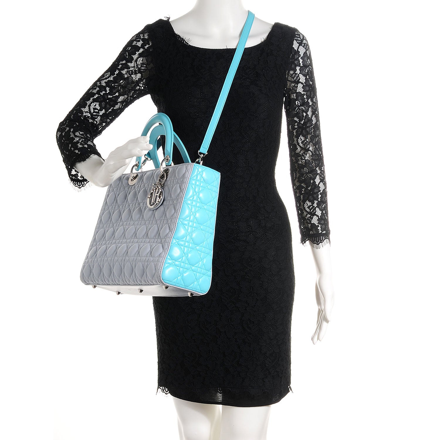 Christian Dior Lambskin Cannage Large Lady Dior Grey Turquoise 2 of 8