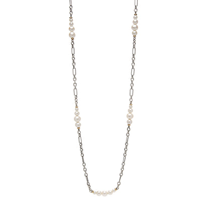 David Yurman Sterling Silver 18K Yellow Gold Baroque Pearl Long Figaro Chain Necklace 1 of 5