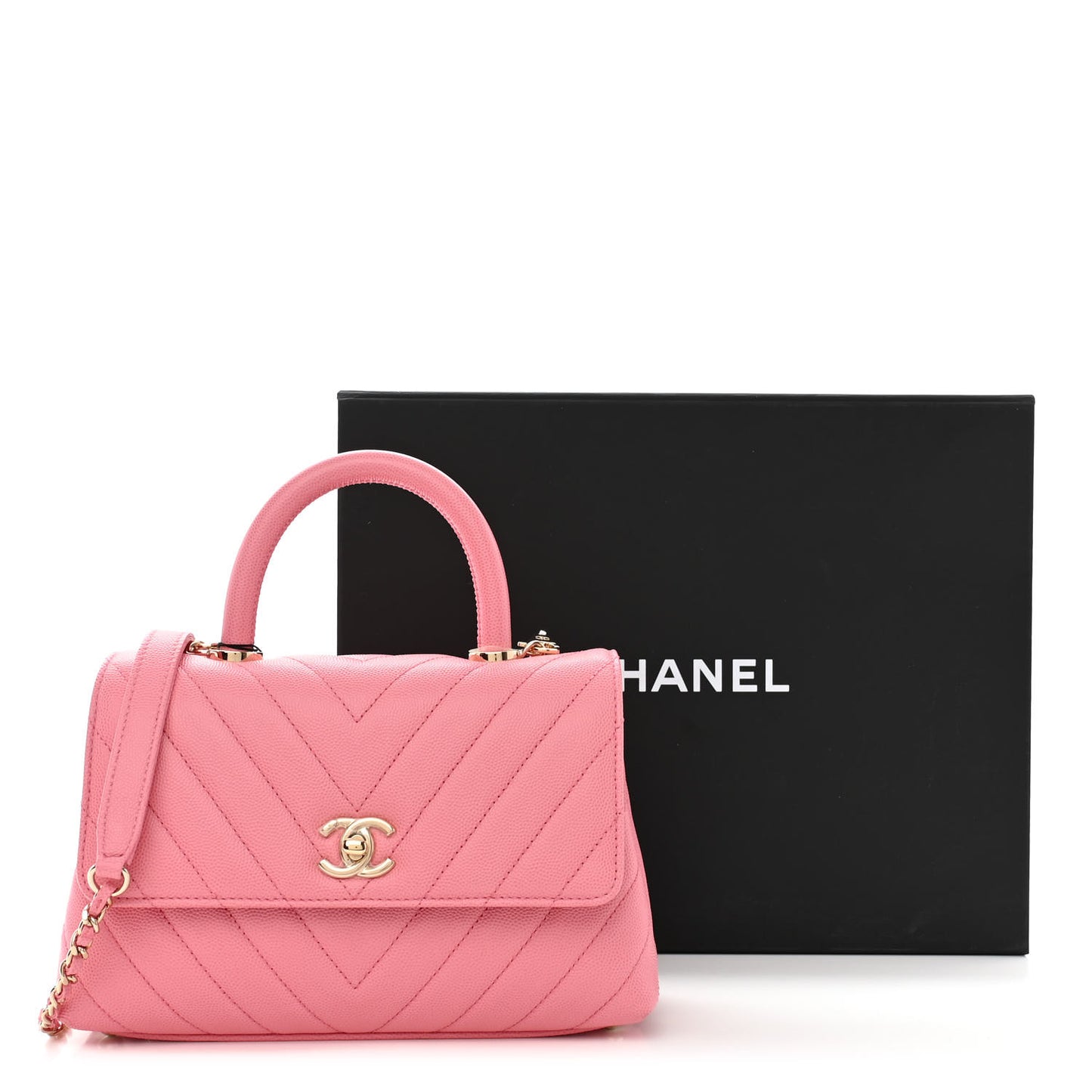 Caviar Chevron Quilted Mini Coco Handle Flap Pink