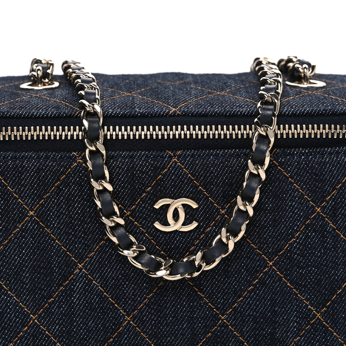 Denim Quilted Small Vanity Case With Chain Dark Blue Orange