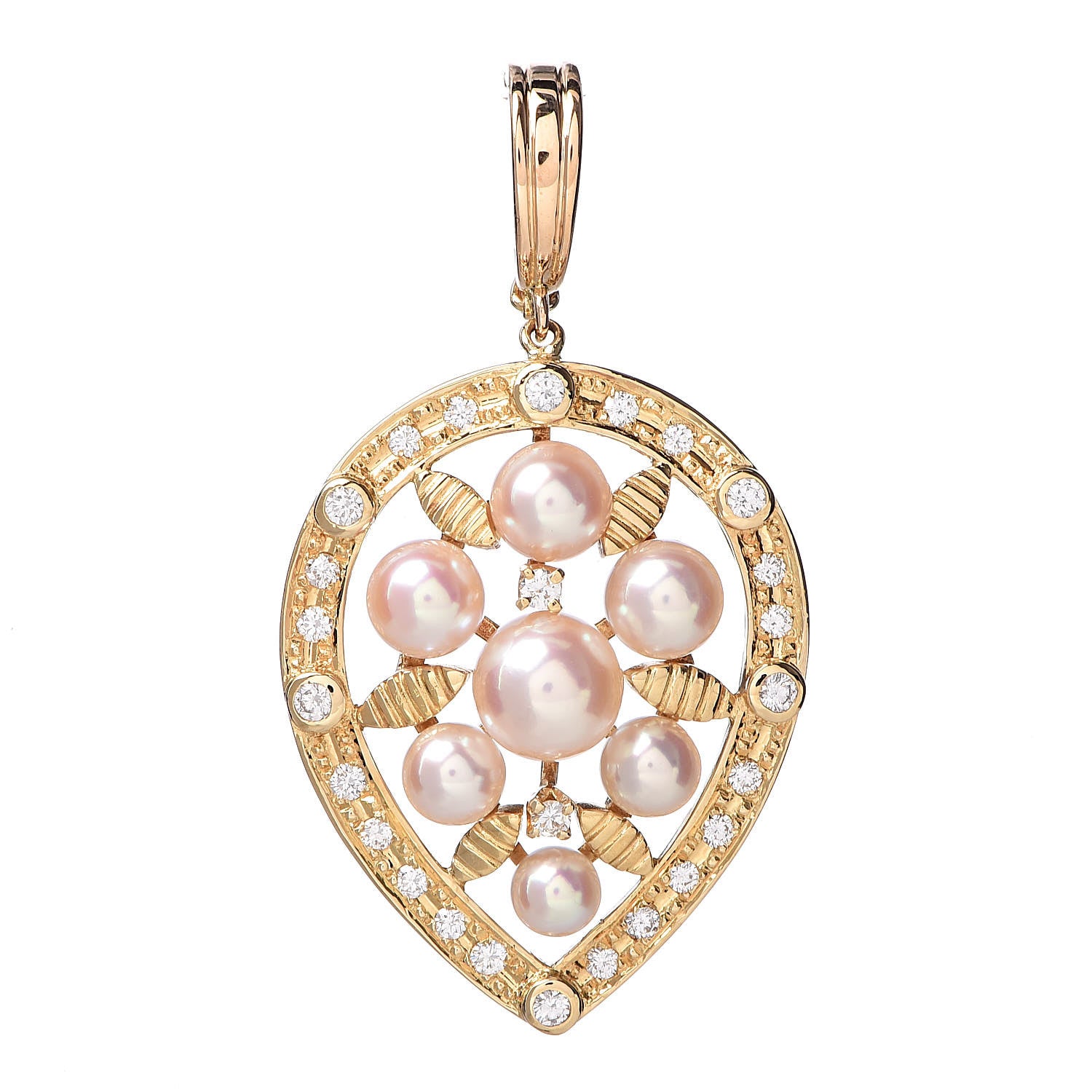 Mikimoto 18K Yellow Gold Diamond Akoya Pearl 4-6.5mm Leaf Enhancer Pendant 1 of 3
