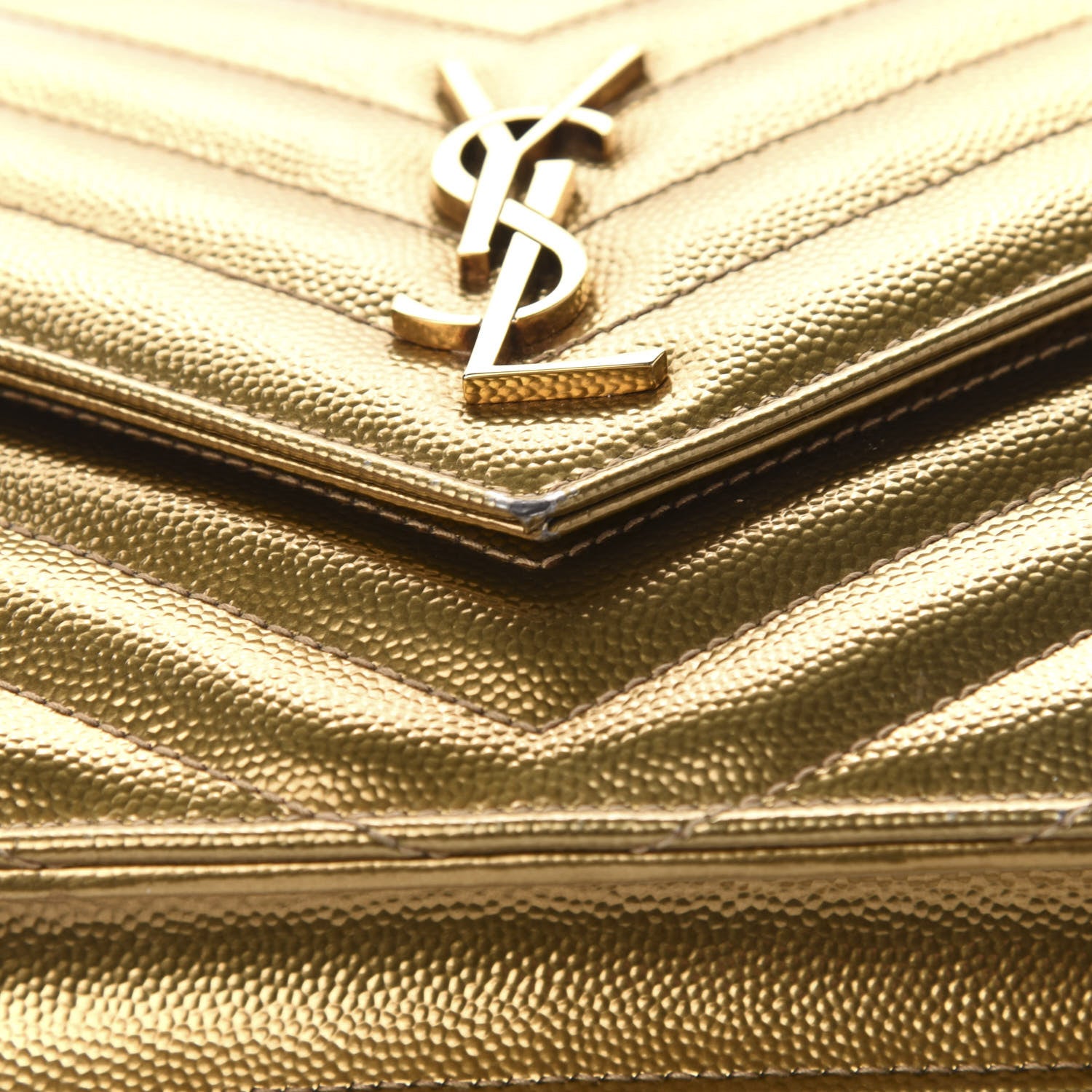Saint Laurent Metallic Calfskin Matelasse Chevron Monogram Envelope Chain Wallet Antic Gold 11 of 12