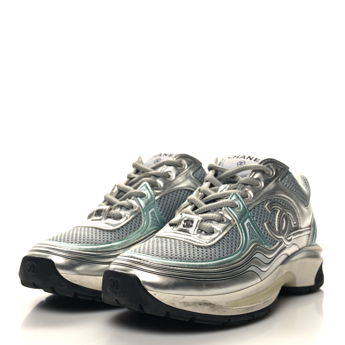 Fabric Laminated Calfskin Stretch CC Womens Sneakers 37 Green Silver