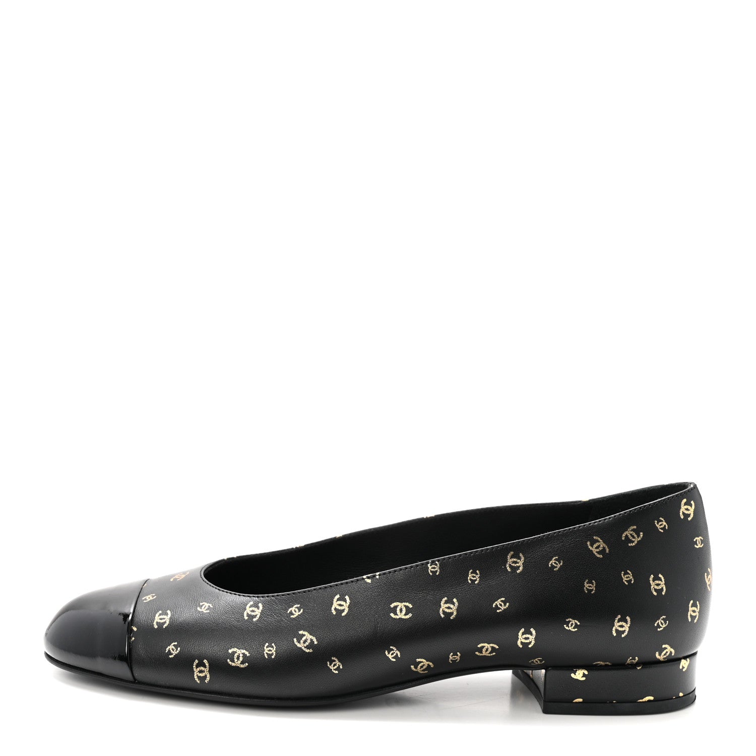 Chanel Lambskin Patent Calfskin Printed CC Cap Toe Ballerina Flats 36 Black Gold 1 of 10