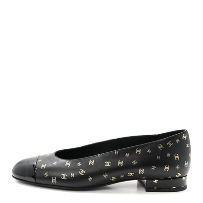 Chanel Lambskin Patent Calfskin Printed CC Cap Toe Ballerina Flats 36 Black Gold 1 of 10