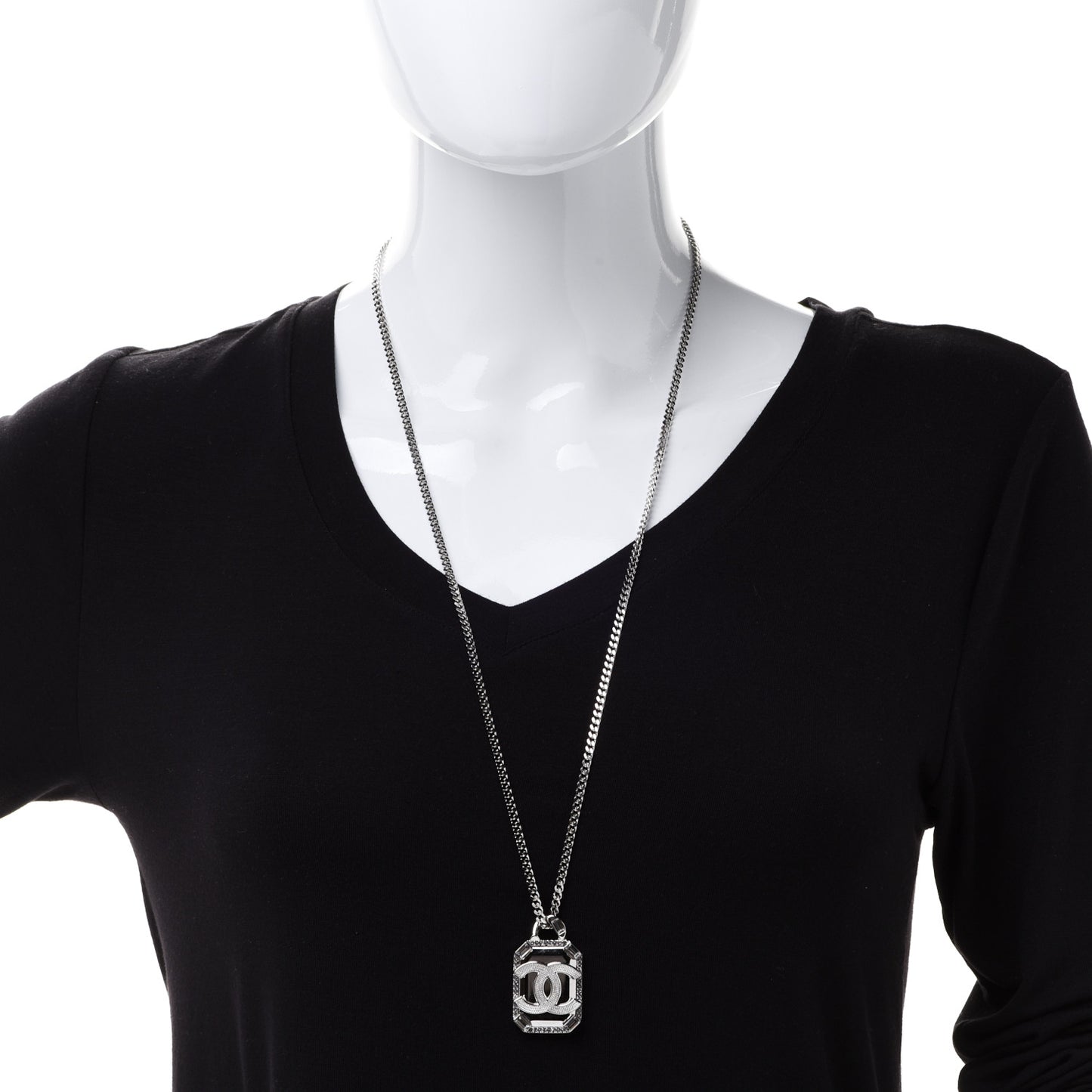 Crystal Baguette CC Mirror Pendant Necklace Silver