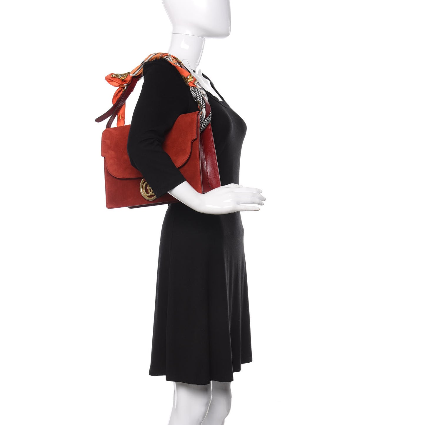 Suede Silk Scarf Medium Torchon GG Ring Shoulder Bag Red