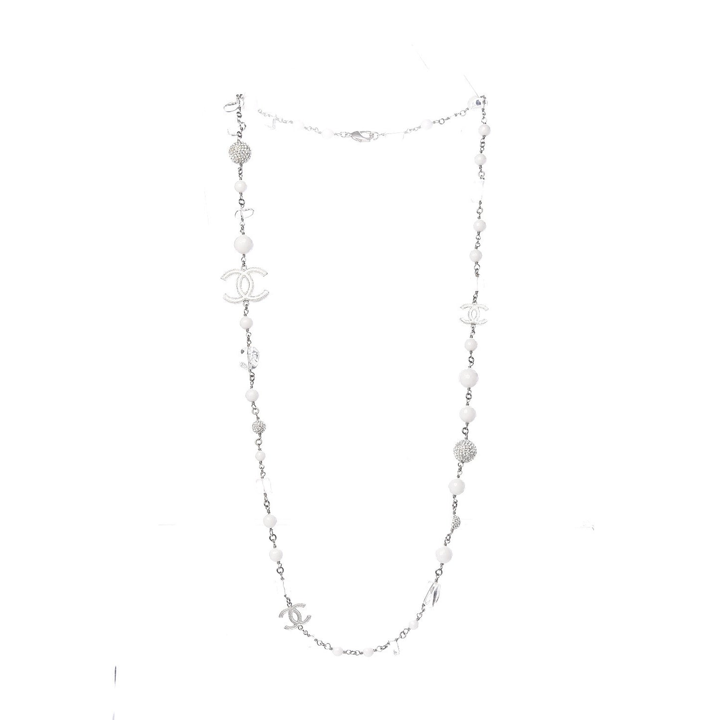 Crystal Bead CC Necklace Silver White