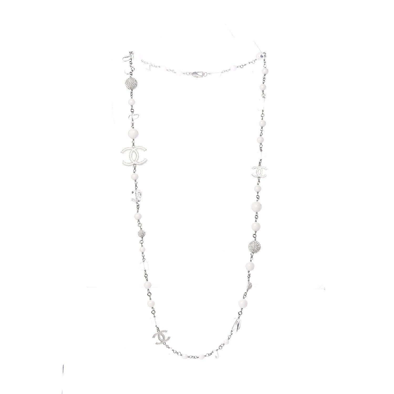 Chanel Crystal Bead CC Necklace Silver White 3 of 5
