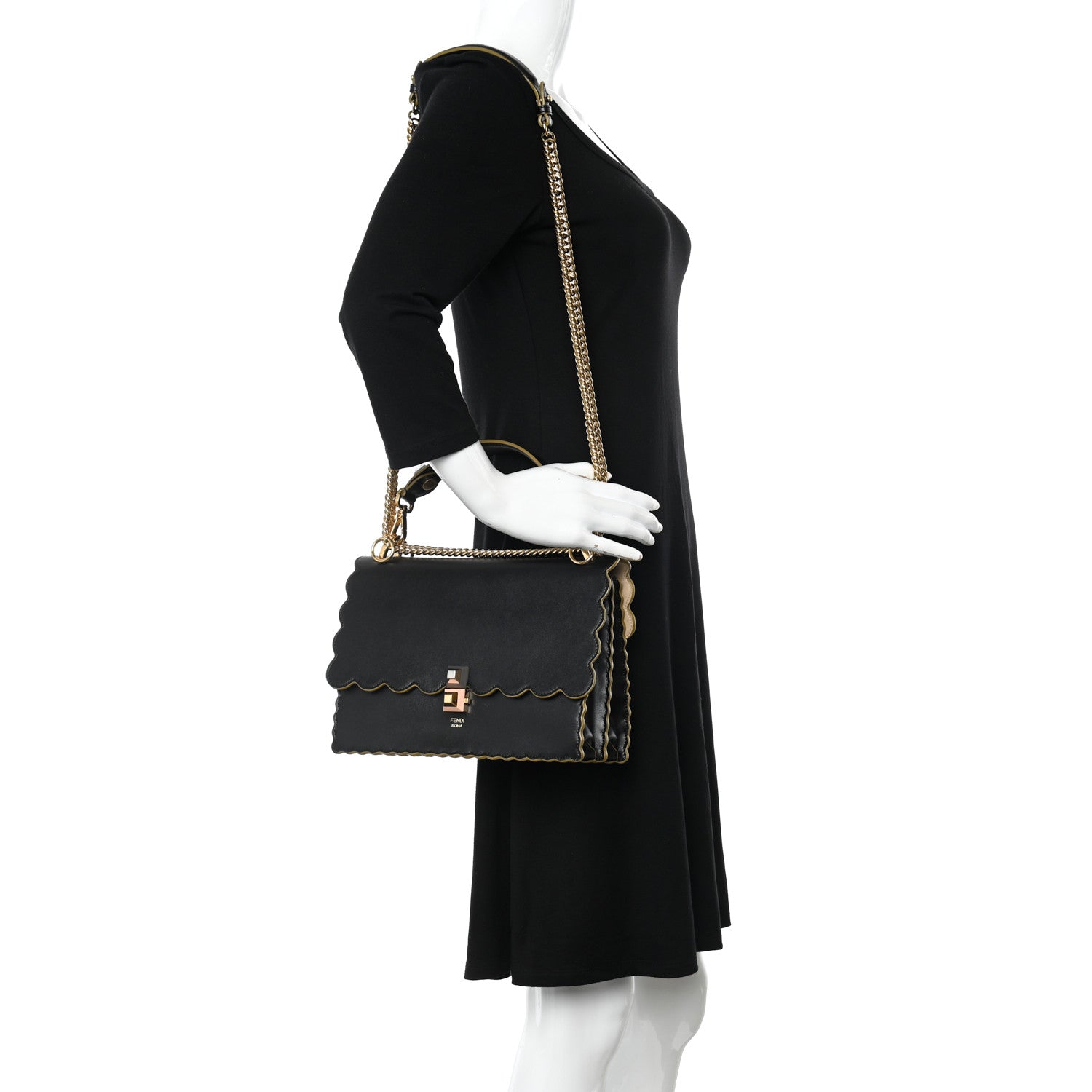 Fendi Vitello Liberty Scalloped Studded Kan I Shoulder Bag Black 2 of 21