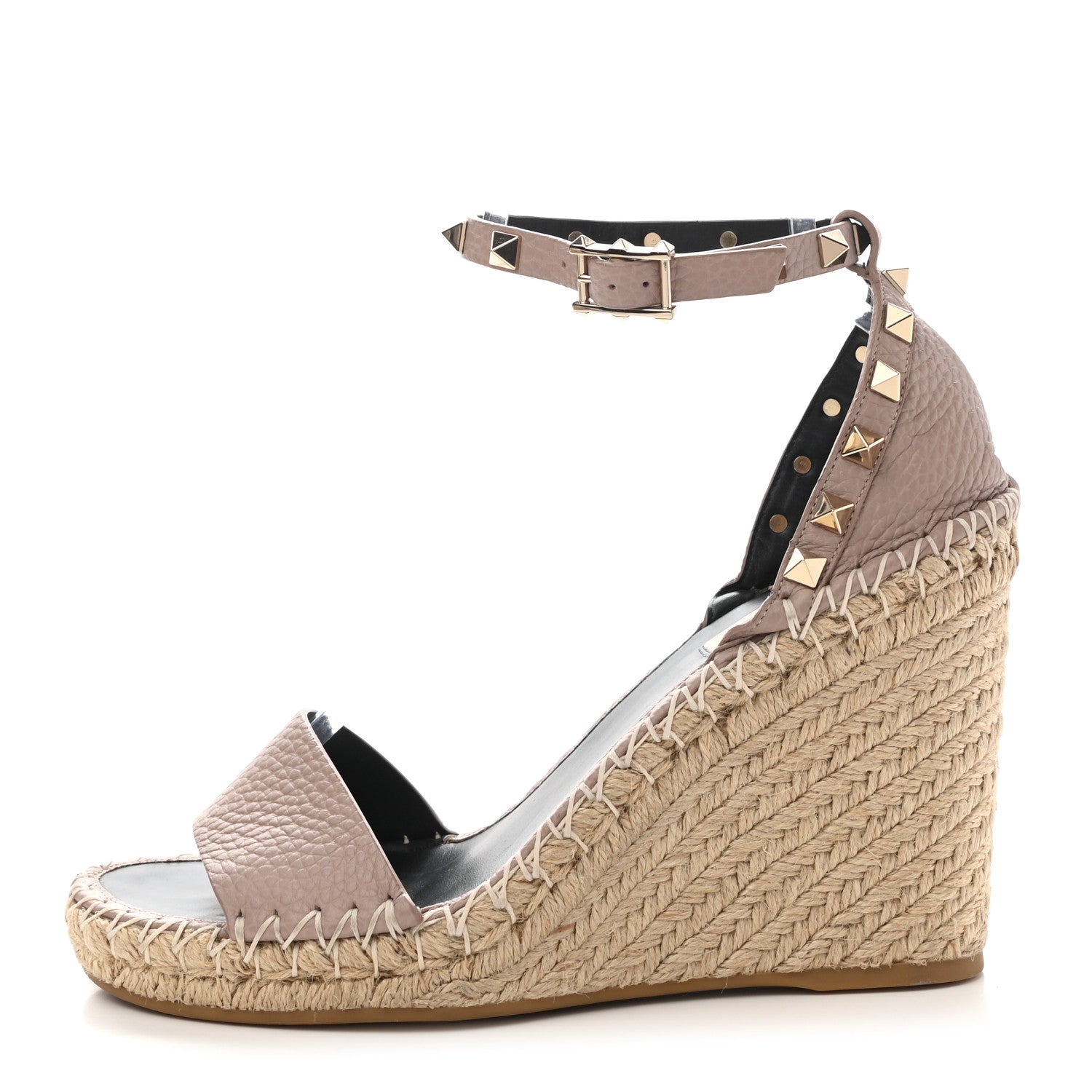 Valentino Garavani Grained Calfskin Rockstud Ankle Strap Espadrille 15/105mm Wedge Sandals 38 Poudre Natural 1 of 9