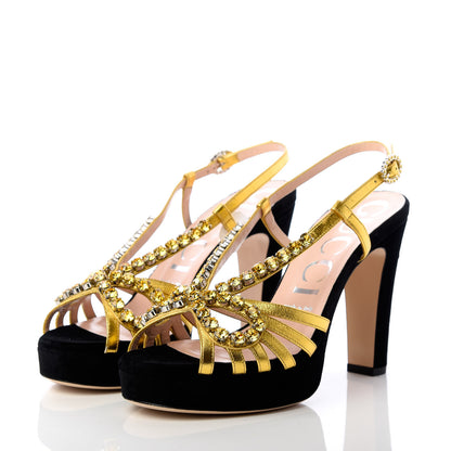Gucci Velvet Nappa Crystal Zephyra Slingback Platform High Heel Sandals 38.5 Black Gold 3 of 9