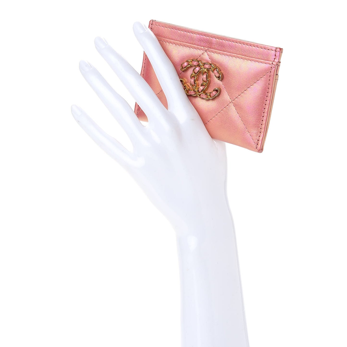 Iridescent Calfskin Quilted Chanel 19 Card Holder Pink