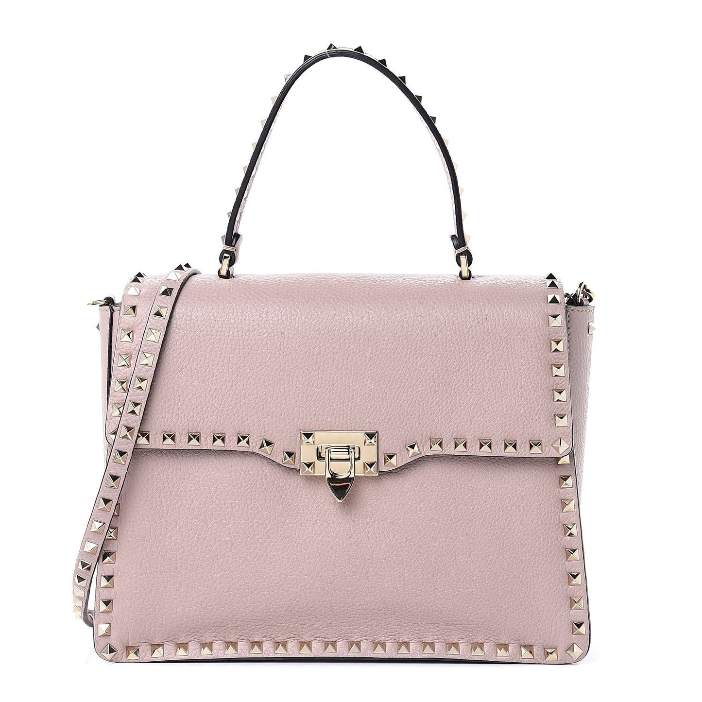 Grained Calfskin Rockstud Top Handle Flap Shoulder Bag Poudre