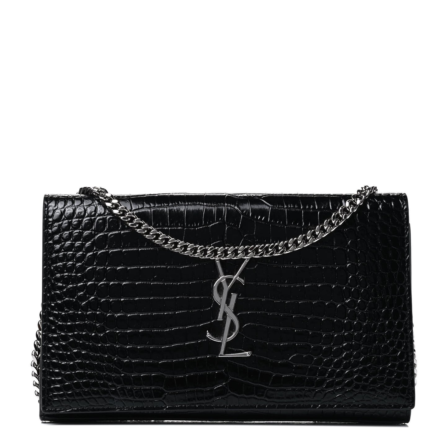 Calfskin Crocodile Embossed Monogram Chain Wallet Black