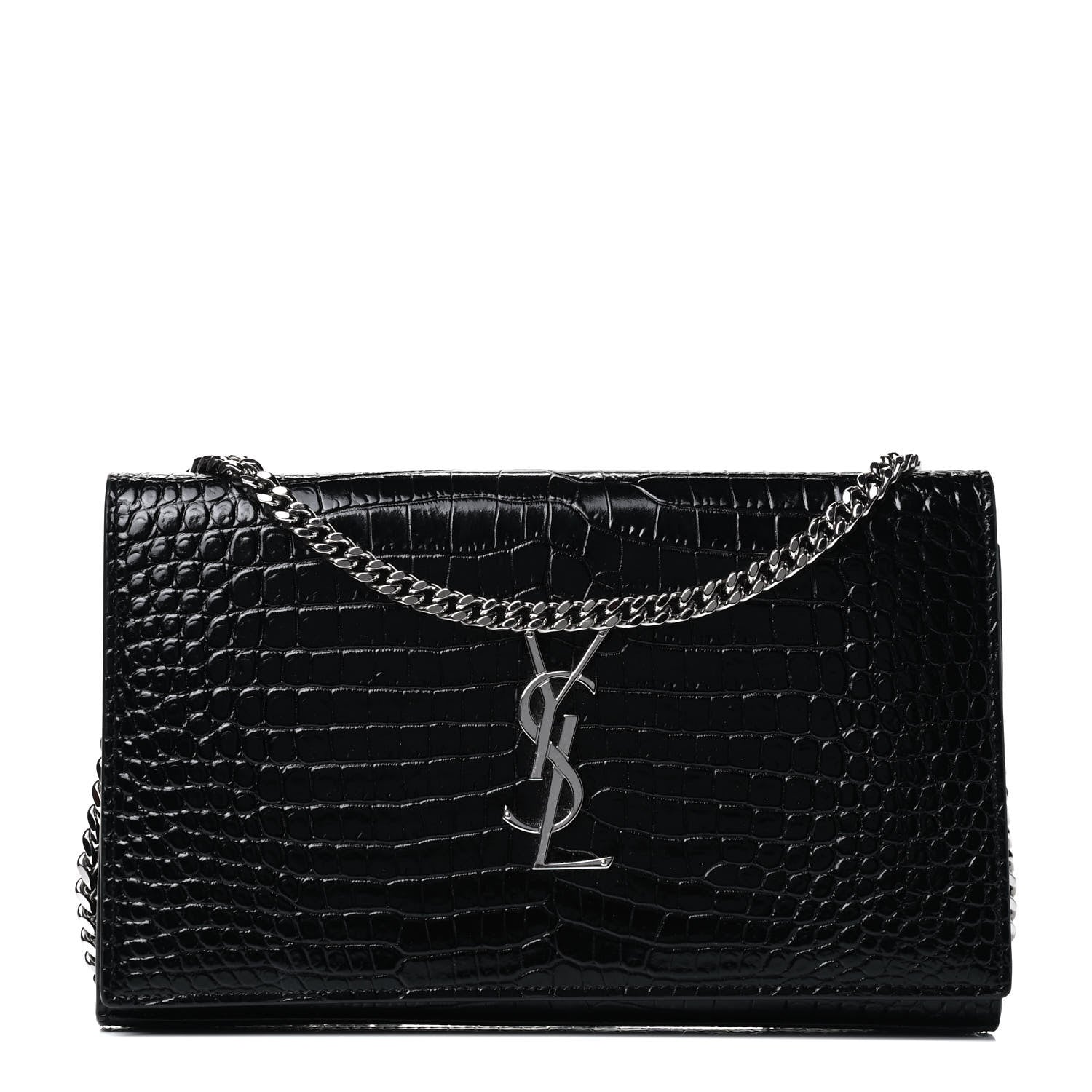 Saint Laurent Calfskin Crocodile Embossed Monogram Chain Wallet Black 1 of 4