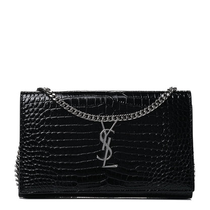 Saint Laurent Calfskin Crocodile Embossed Monogram Chain Wallet Black 1 of 4
