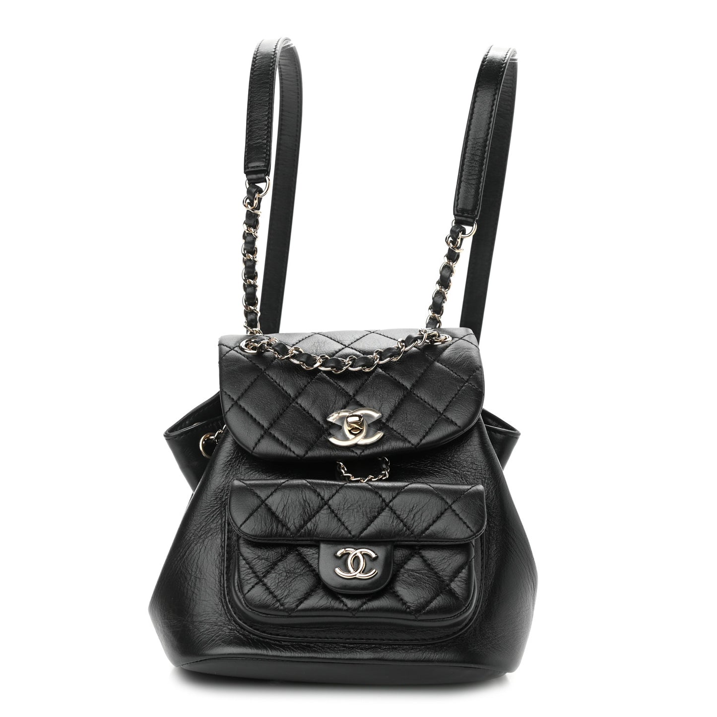 Glazed Aged Calfskin Quilted Small Duma Drawstring Backpack Black