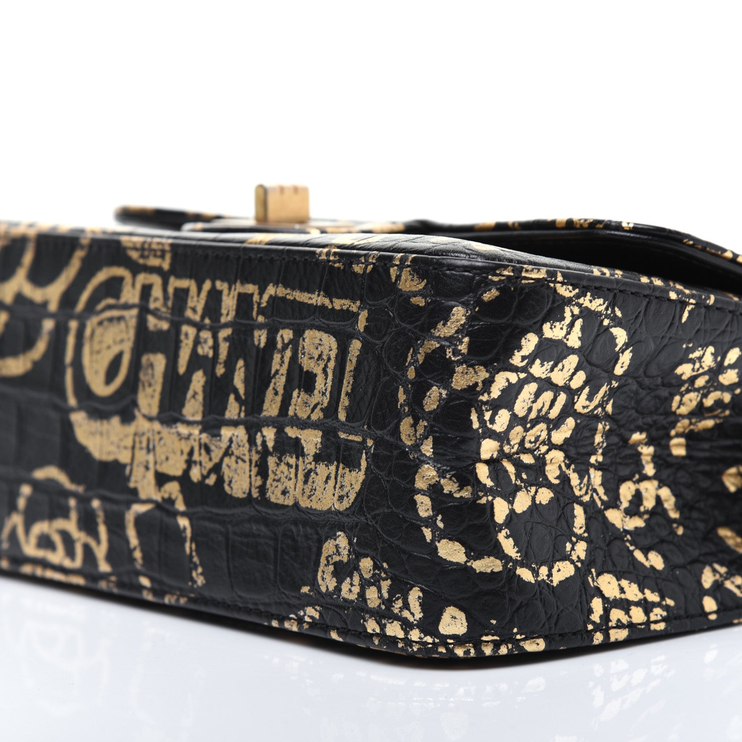 Chanel Calfskin Crocodile Embossed Graffiti 2.55 Mini Cocodile Reissue Flap Black Gold 7 of 21