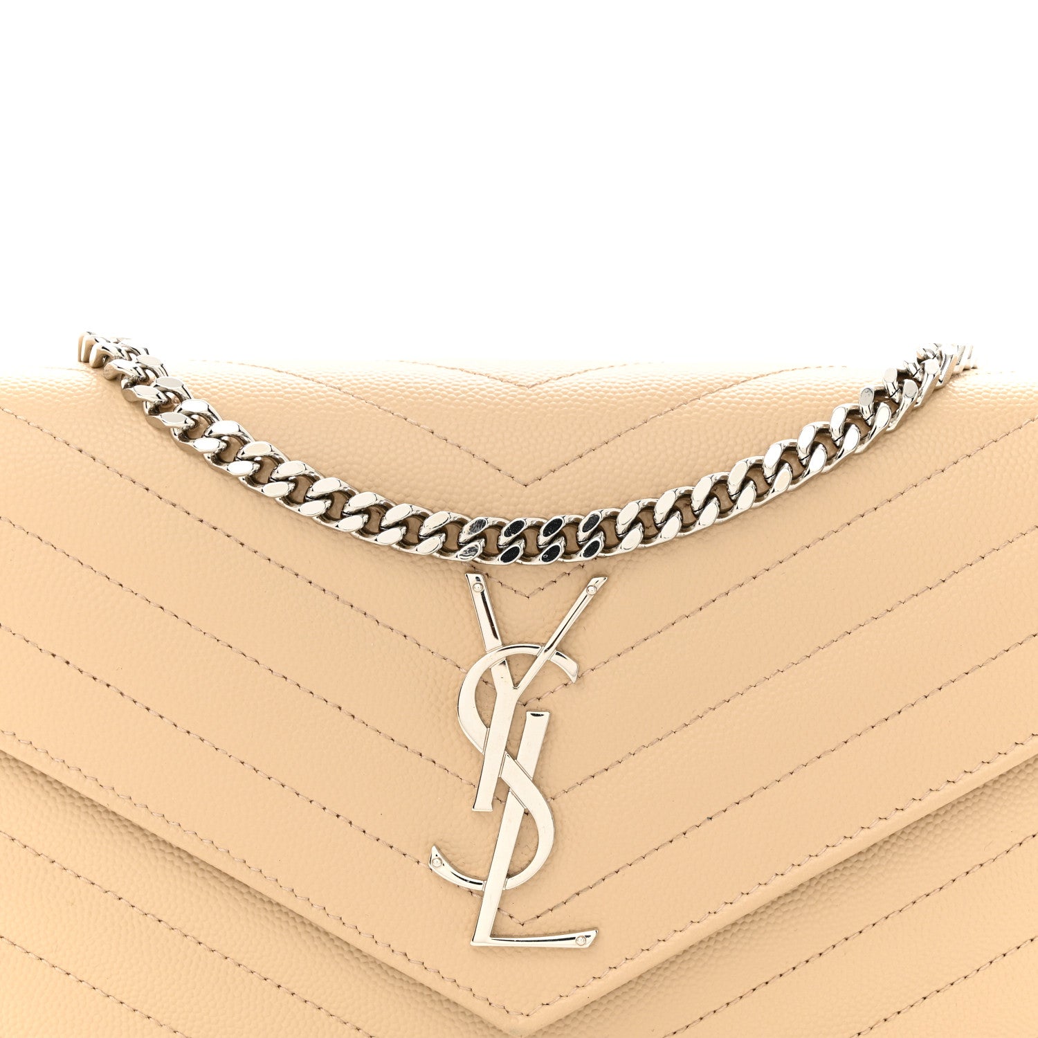 Saint Laurent Grain De Poudre Matelasse Chevron Monogram Chain Wallet Dark Beige 9 of 12