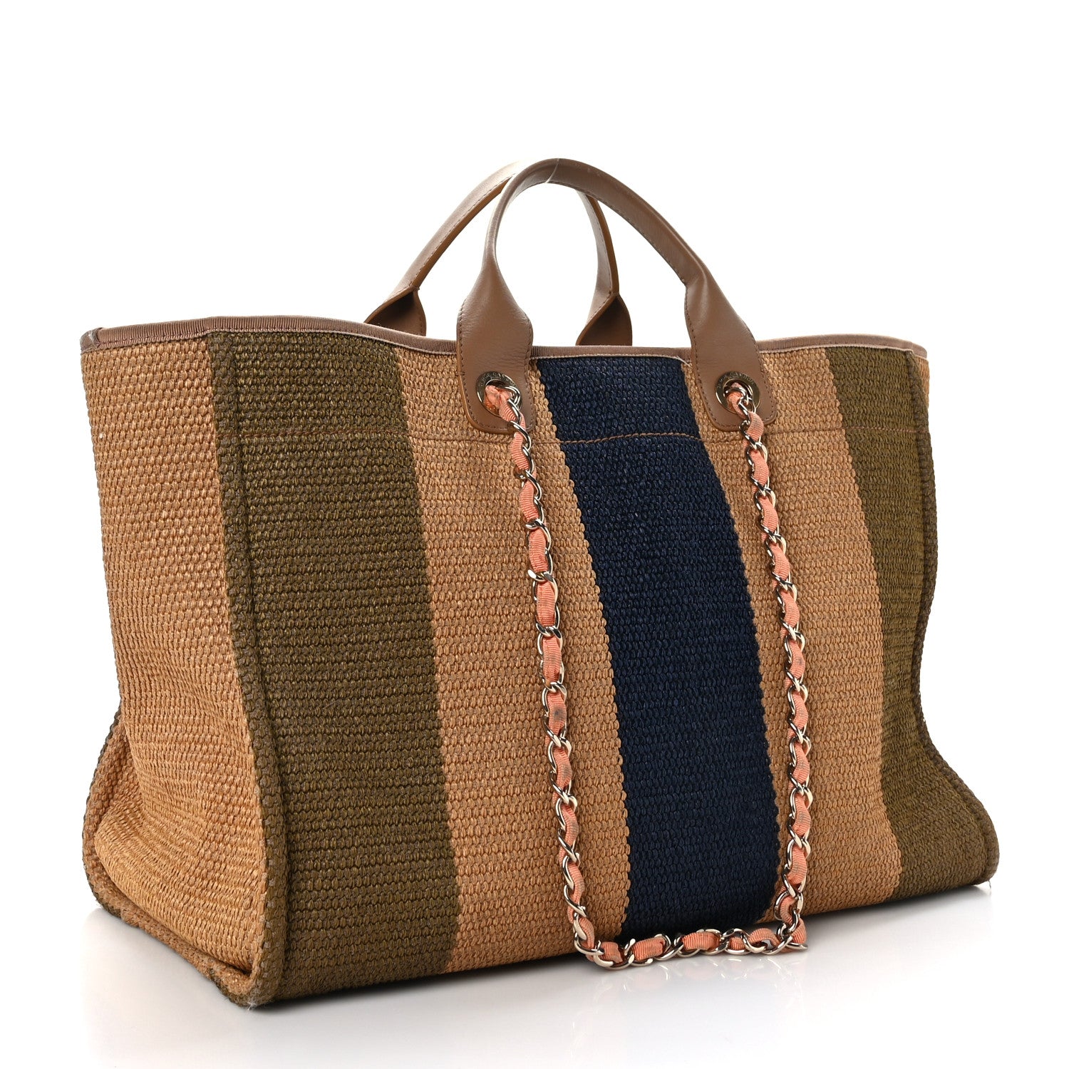 Chanel Straw Raffia Calfskin Striped Medium Deauville Tote Khaki Beige Navy Blue 3 of 12