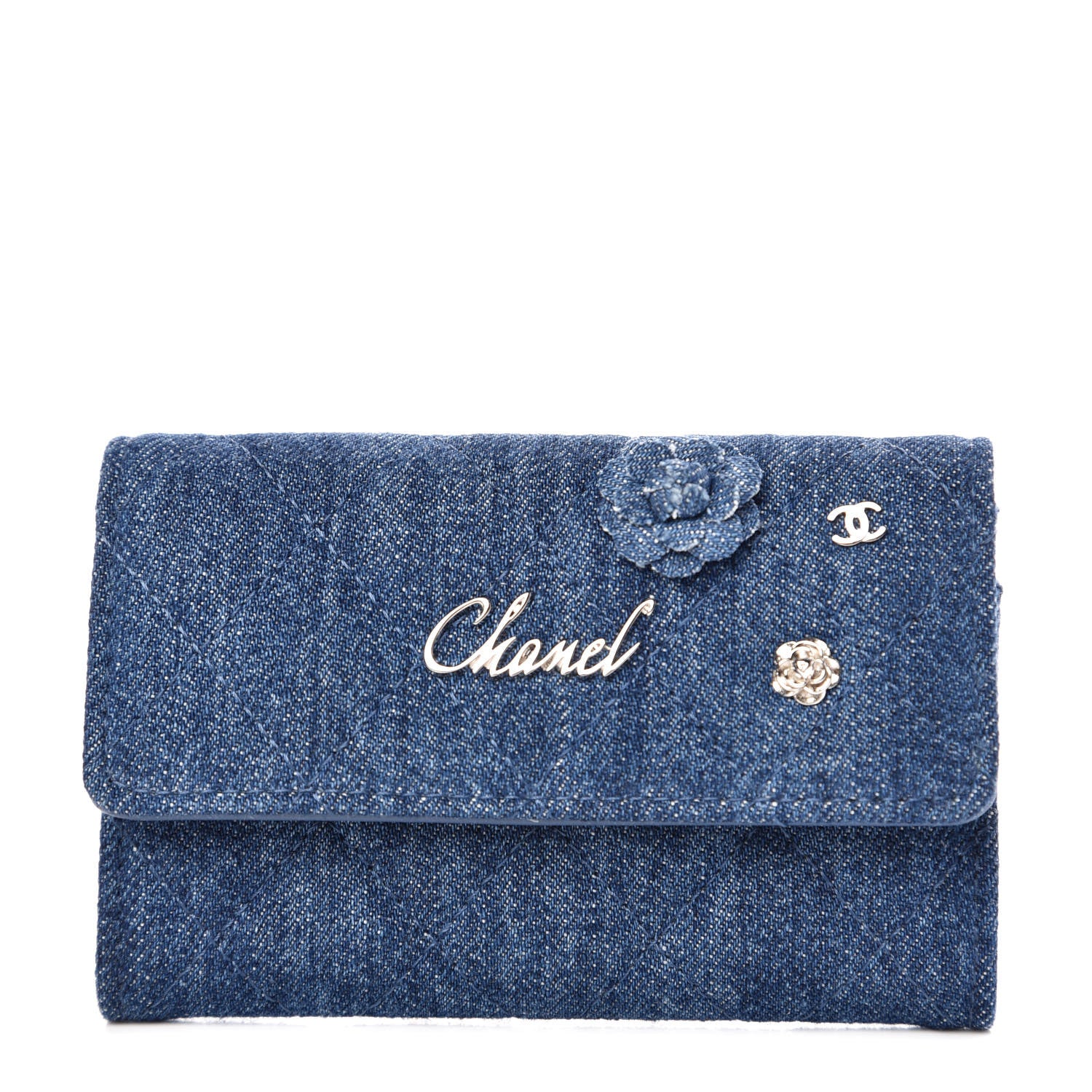 Chanel Denim Camelia Charms Card Holder Blue 1 of 9