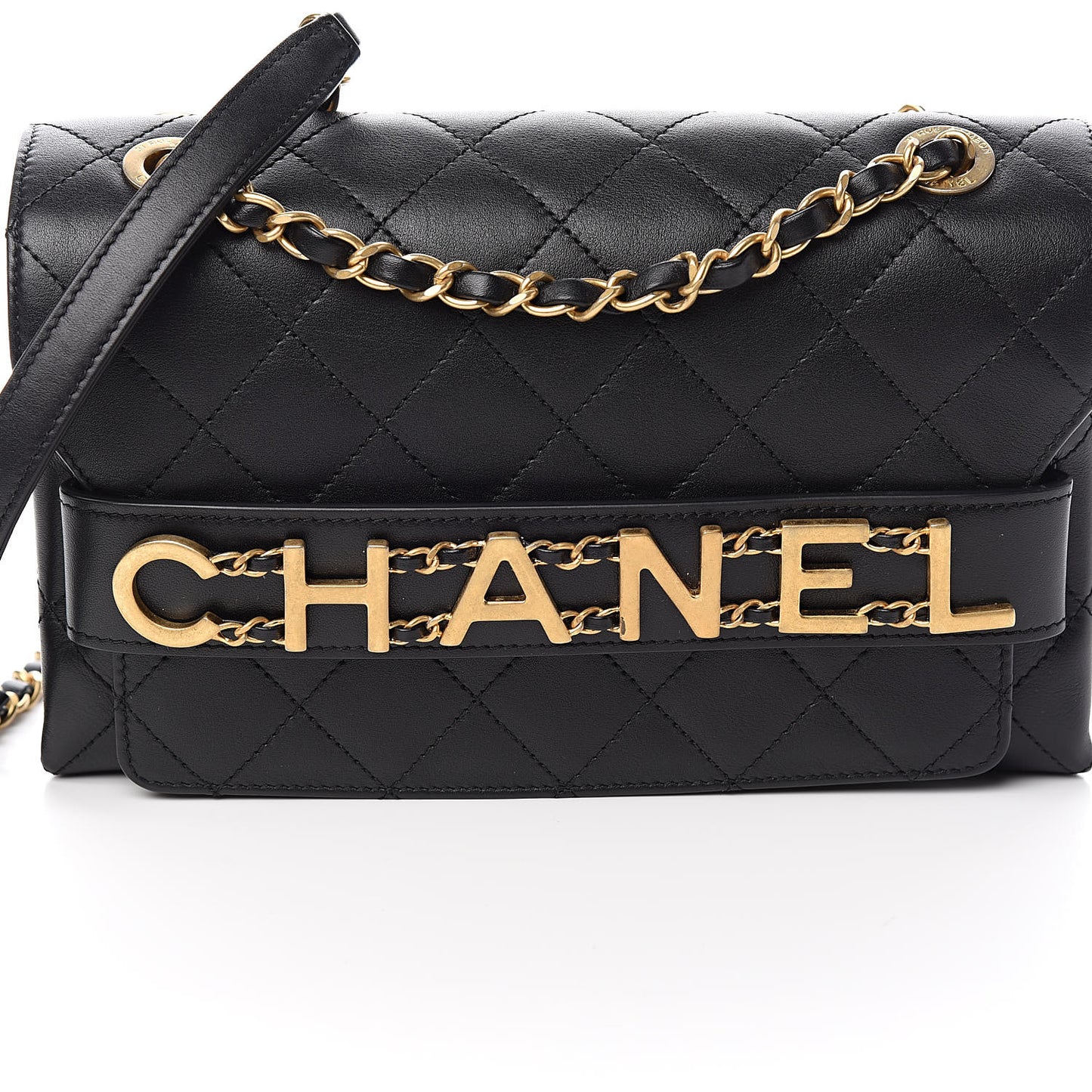 Calfskin Quilted Enchained Flap Black