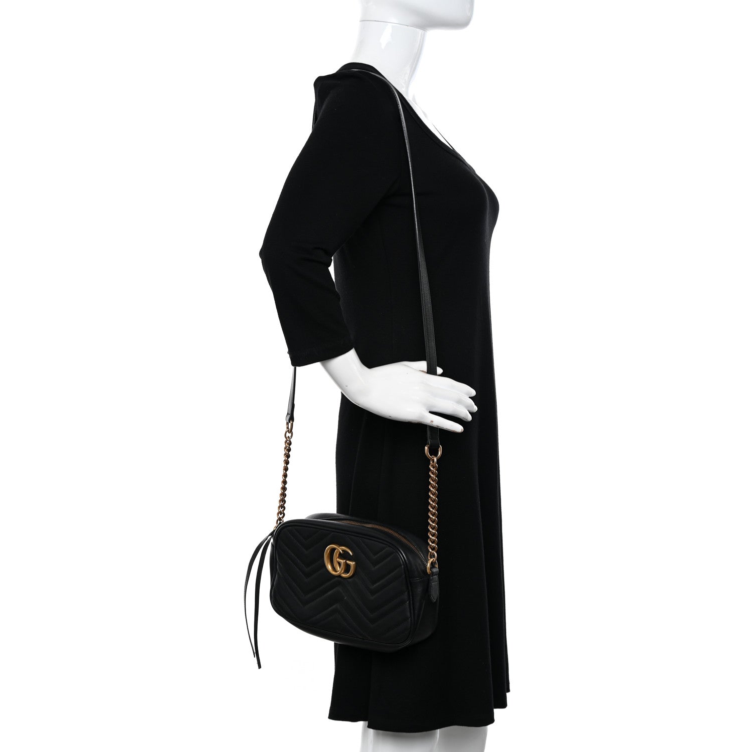 Gucci Calfskin Matelasse Small GG Marmont Chain Shoulder Bag Black 2 of 13