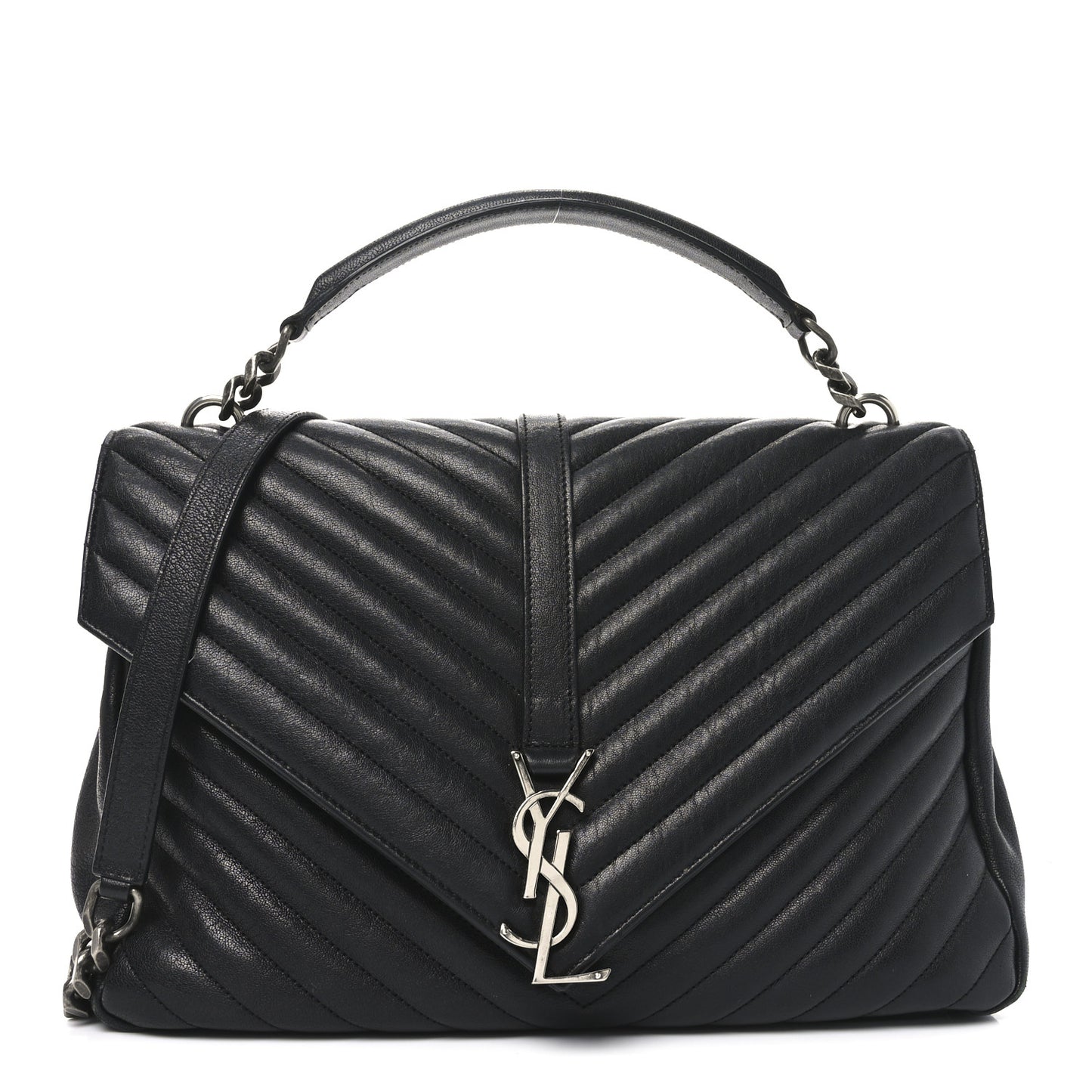 Sheepskin Matelasse Chevron Monogram Large College Satchel Black
