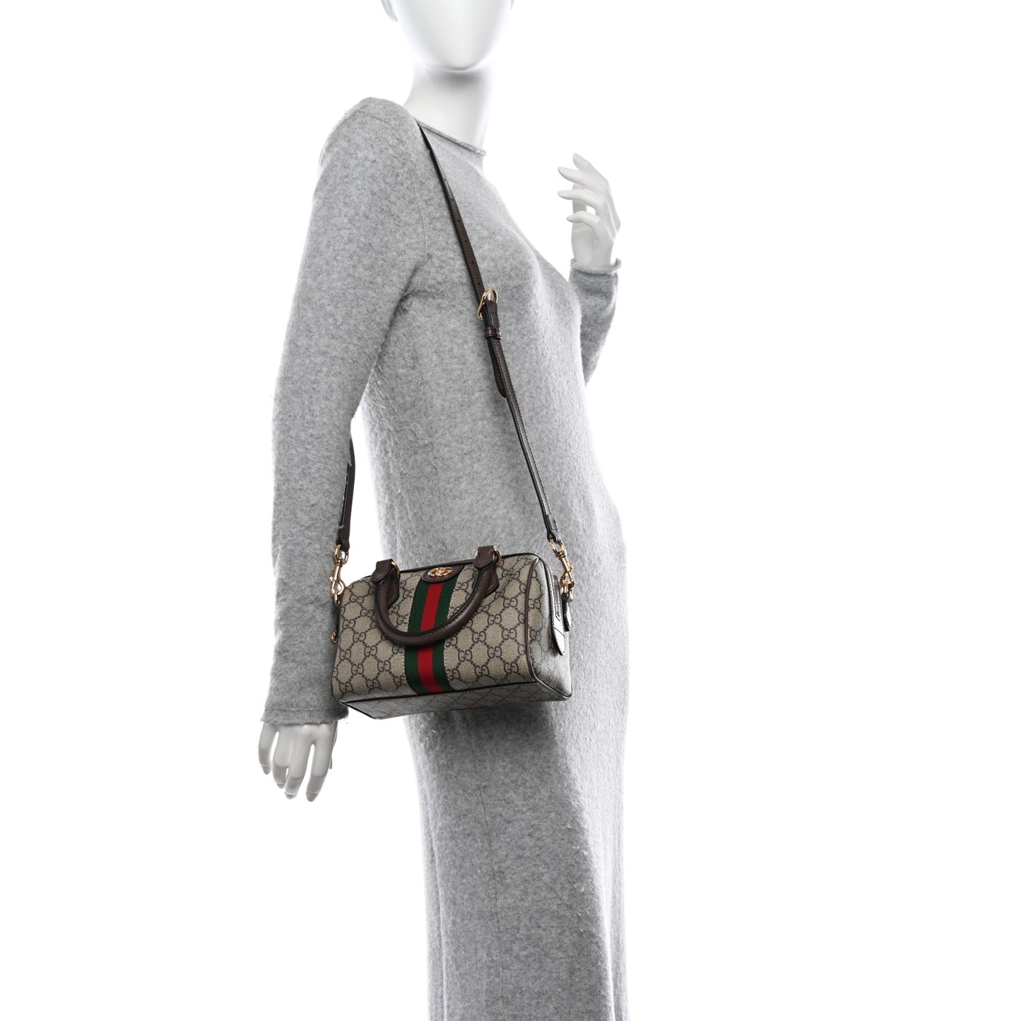 GG Supreme Monogram Textured Dollar Calfskin Web Mini Ophidia Top Handle Bag Beige Ebony New Acero