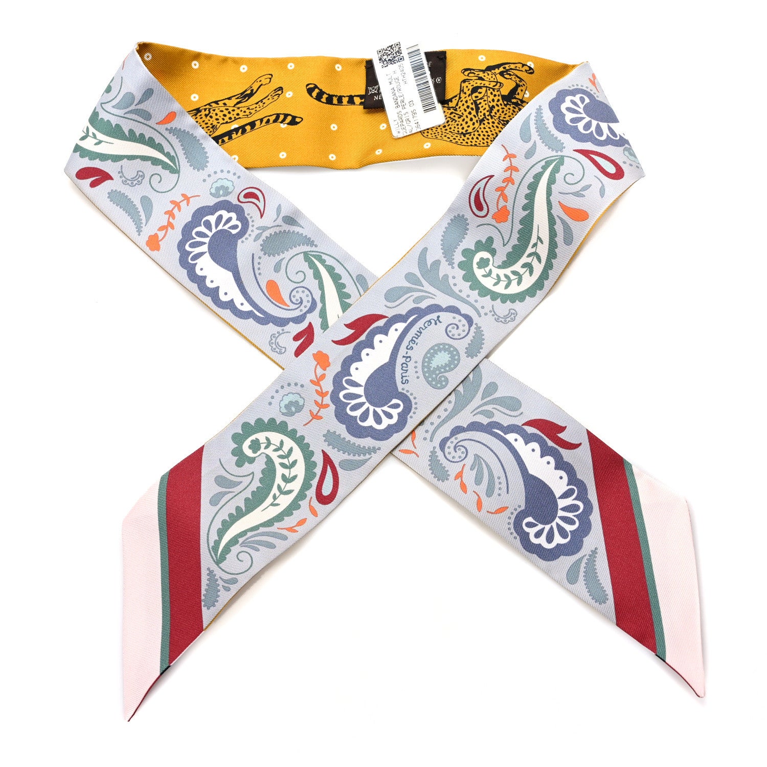 Hermes Silk Guepards Bandana Twilly Gris Perle Rouge H 1 of 4