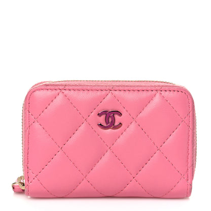 Chanel Lambskin Quilted Zip Around Coin Purse Wallet Pink Yellow 1 of 8