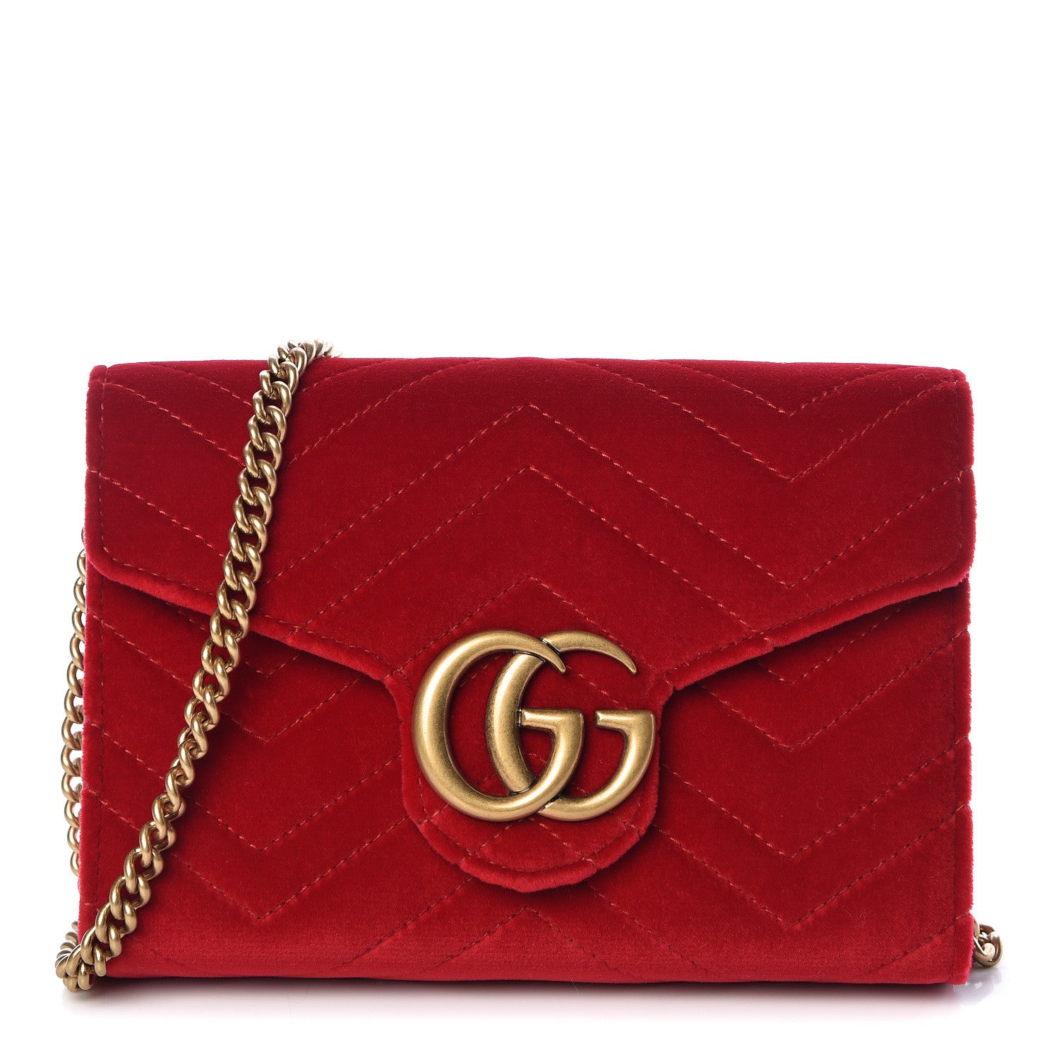Gucci Velvet Matelasse GG Marmont Chain Wallet Hibiscus Red 1 of 11
