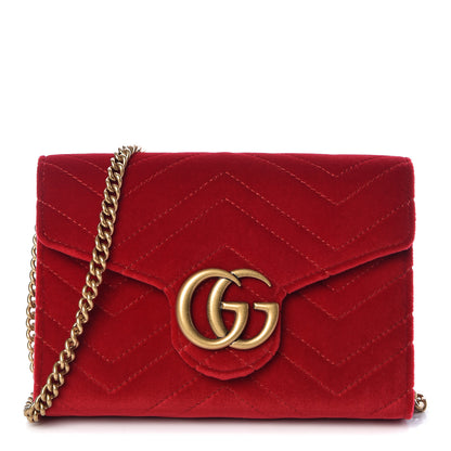 Gucci Velvet Matelasse GG Marmont Chain Wallet Hibiscus Red 1 of 11