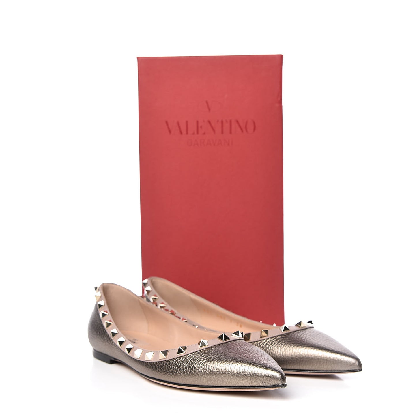 Metallic Pebbled Calfskin Rockstud Ballerina Flats 38 Sasso Poudre