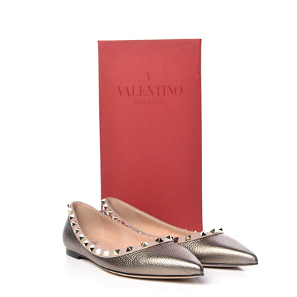 Valentino Garavani Metallic Pebbled Calfskin Rockstud Ballerina Flats 38 Sasso Poudre 9 of 9